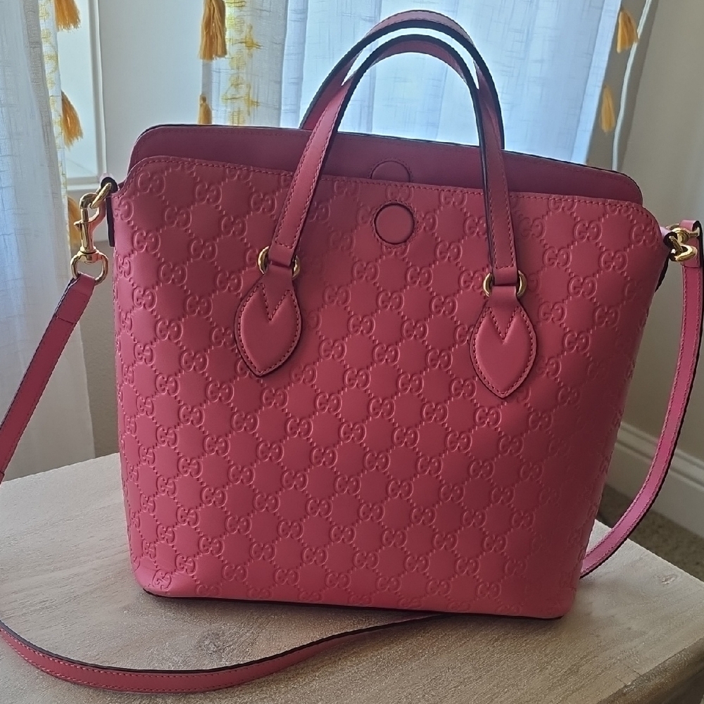 Authentic Gucci Pink Monogram Tote with Gold Hardware